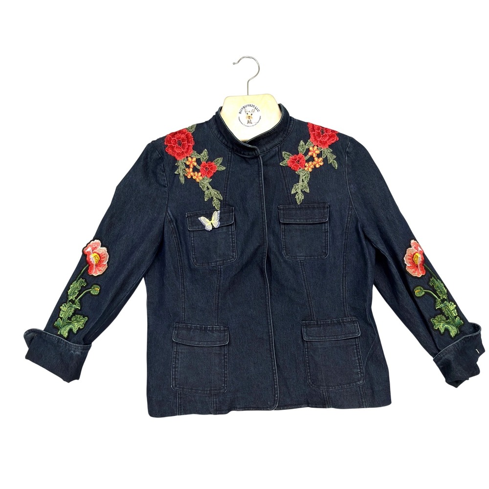 Josephine Petite Embroidered‎ Denim Jacket Women's 12P Floral Stretch